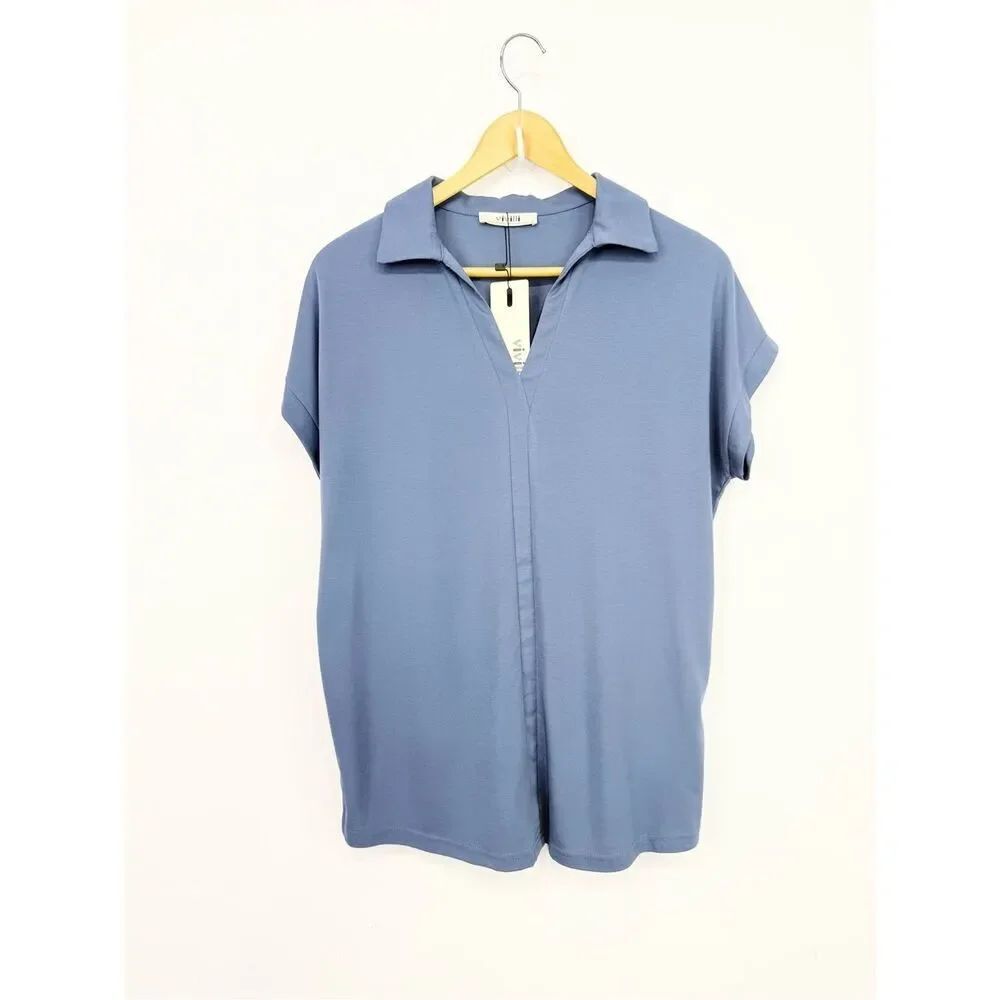 Vivilli Slate Blue Collared V Neck Short Sleeve Pullover Casual Top NEW